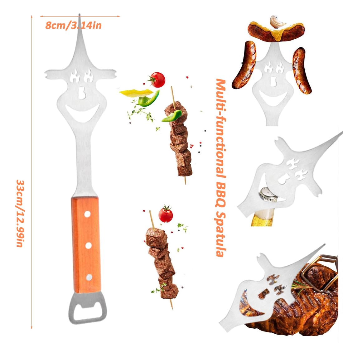 Accessoires de barbecue Funny, Fourchette de barbecue 6 en 1, ustensiles Barbecue INOX avec Manche en Bois, Ustensiles Barbecue Uniques, Accessoires Barbecue pour Le Camping en Plein Air Barbecue