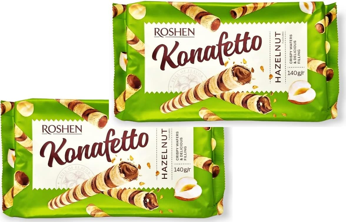 Crispy Flavorful Wafer Rolls "Konafetto" with Hazelnut-Cream Filling, 4.94oz/140 grams Pack of 2