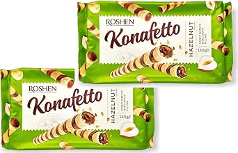 Roshen Crispy Flavorful Wafer Rolls "Konafetto" with Hazelnut-Cream Filling, Kosher, Halal, 4.94oz/140 grams Pack of 2