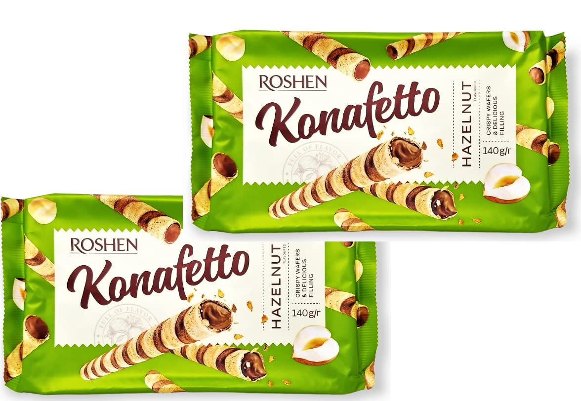 Roshen Crispy Flavorful Wafer Rolls "Konafetto" with Hazelnut-Cream Filling, 4.94oz/140 grams Pack of 2