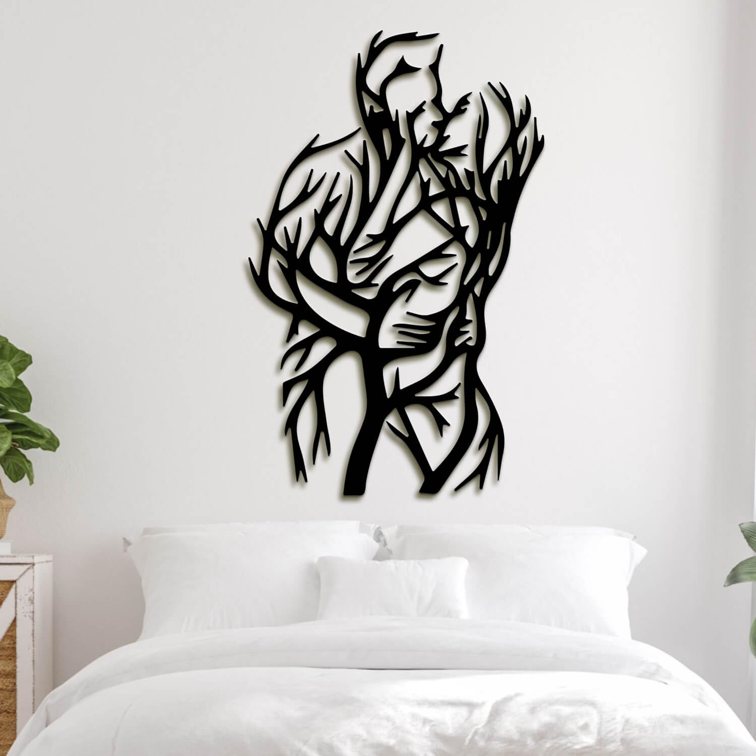Decorazione murale in Metallo Nero con Albero per Coppia, Linea Astratta in Metallo, Regalo di San Valentino, Arte da Parete, Decorazione Artistica con Albero per Coppia, Scultura Moderna per soggior