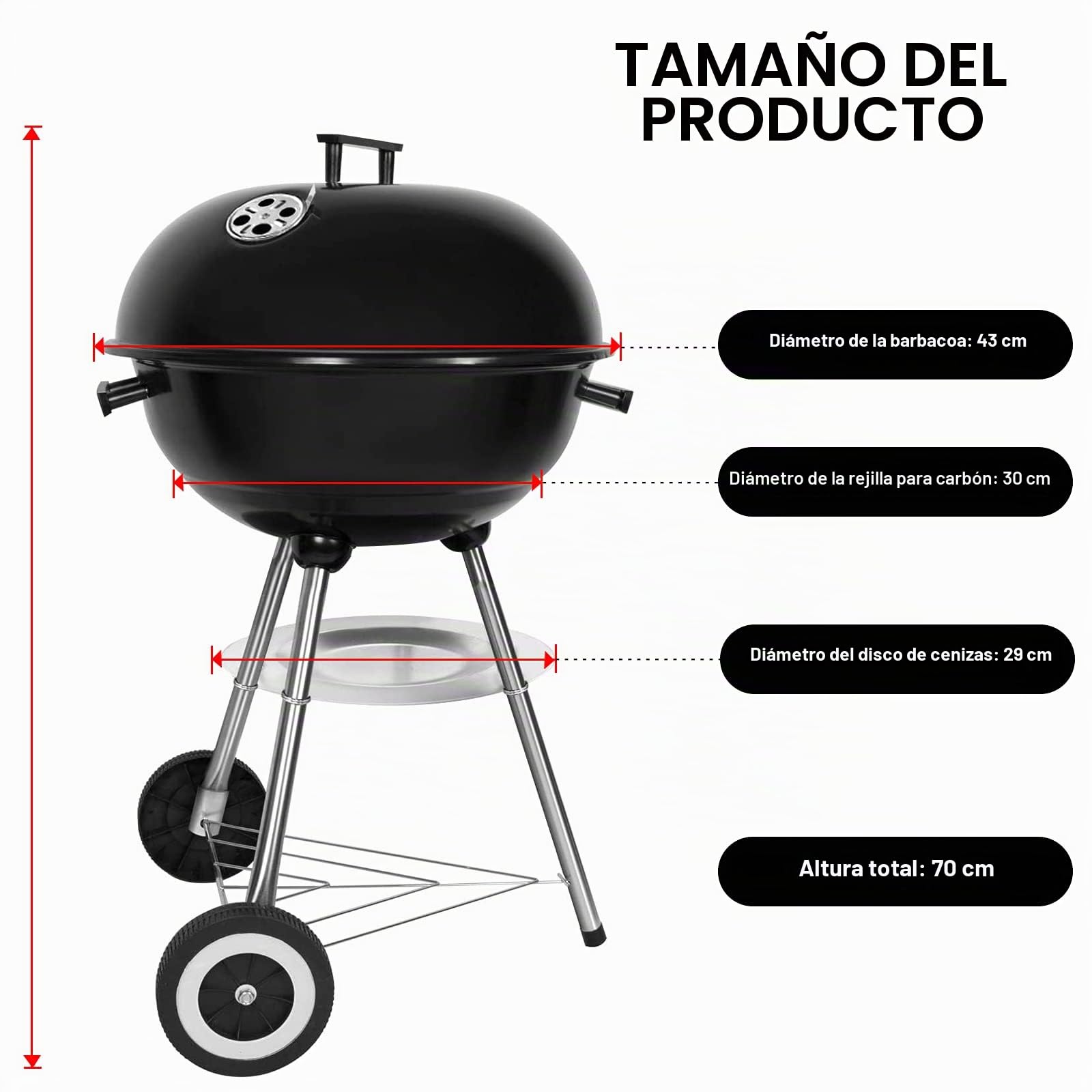 Barbacoa Carbón Portátil BBQ Ronda Cubierta Doble Ruedas Barbacoa Pie φ 41cm Altura 70cm - Negro