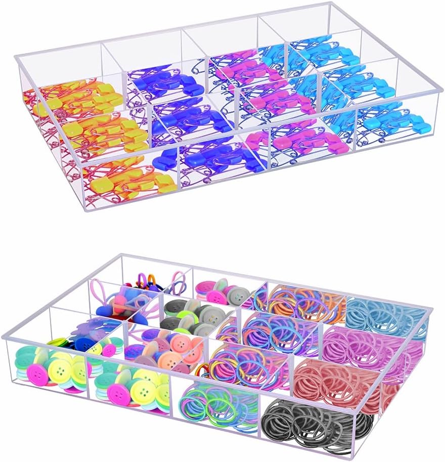 2 Pack Fixed 12 Grids Clear Plastic Organizer Sorting Tray and Transparent Storage Divider Box Container Case for Hardware, Craft, Sewing Kit, Office Supplies, Small Parts