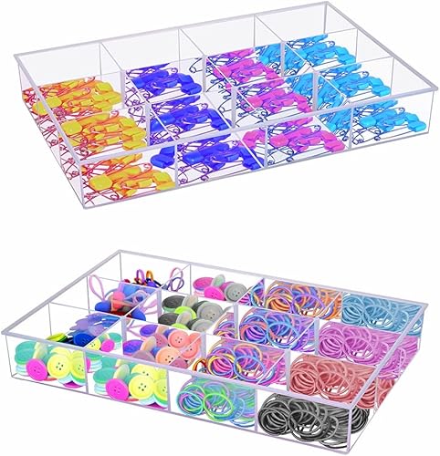 Miniatura 10 de BangQiao Paquete de 2 bandejas de clasificación de plástico transparente con 6 rejillas fijas con compartimento grande, caja divisora de