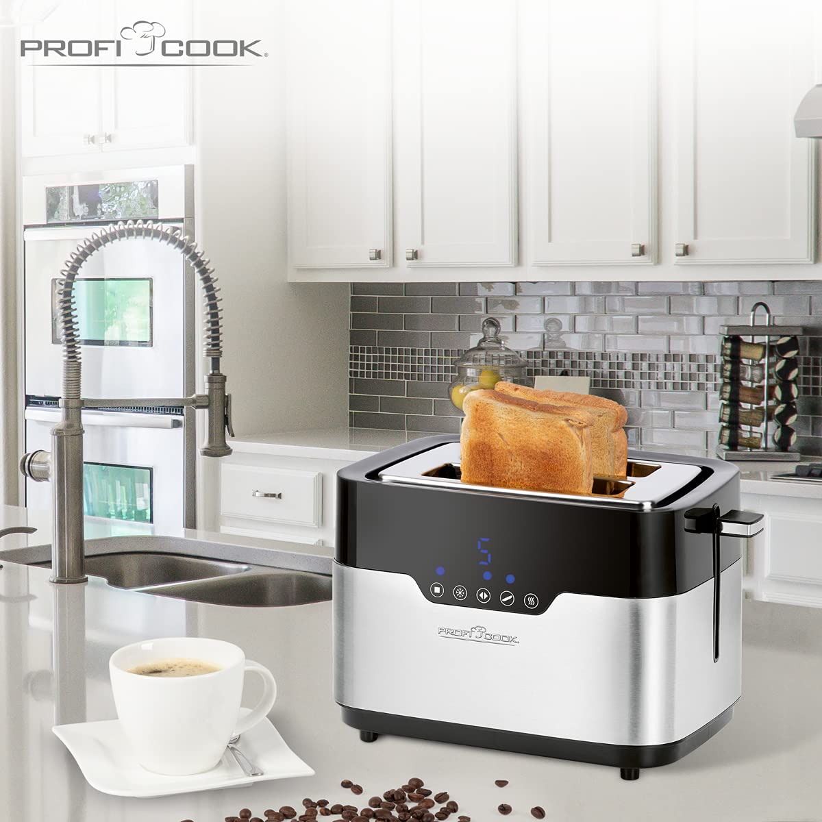 ProfiCook PC-TA 1170 Tostapane a 2 dischi, Sensor Touch, portapane, cassetto delle briciole, funzione di centraggio, spazio salvaspazio, 7 livelli di abbronzatura, acciaio inox nero