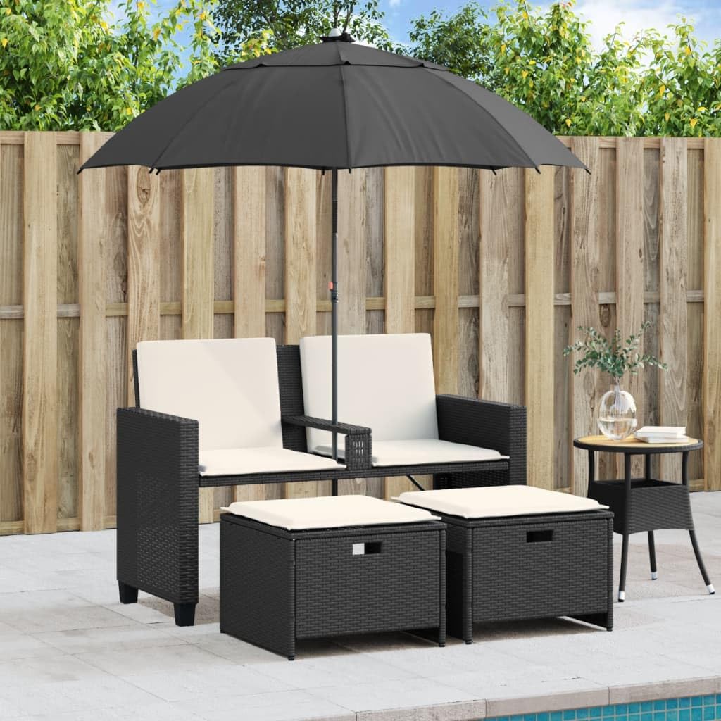 2-os. sofa ogrodowa z parasolem i stołkami, czarna, polirattan, komplet mebli tarasowych z poduszkami, stabilna stalowa rama, regulowany parasol, składane podnóżki, do na warunki atmosferyczne