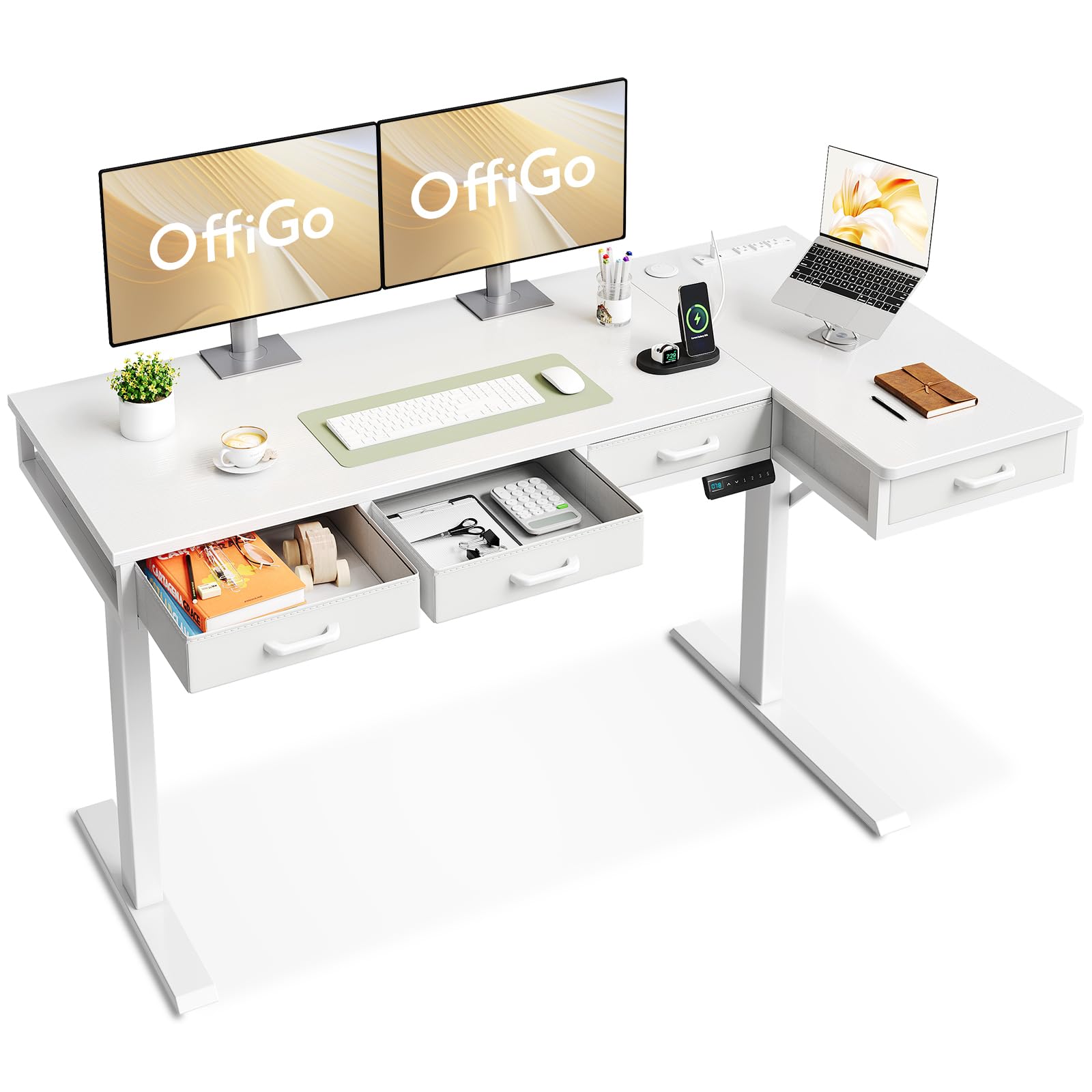 OffiGo 63 Inch L Shaped Electric Standing Desk with Drawers, Height Adjustable Large Desk with Power Outlets, Sit Stand Table, Writing Computer Desk for Home, Office, Workstation,White