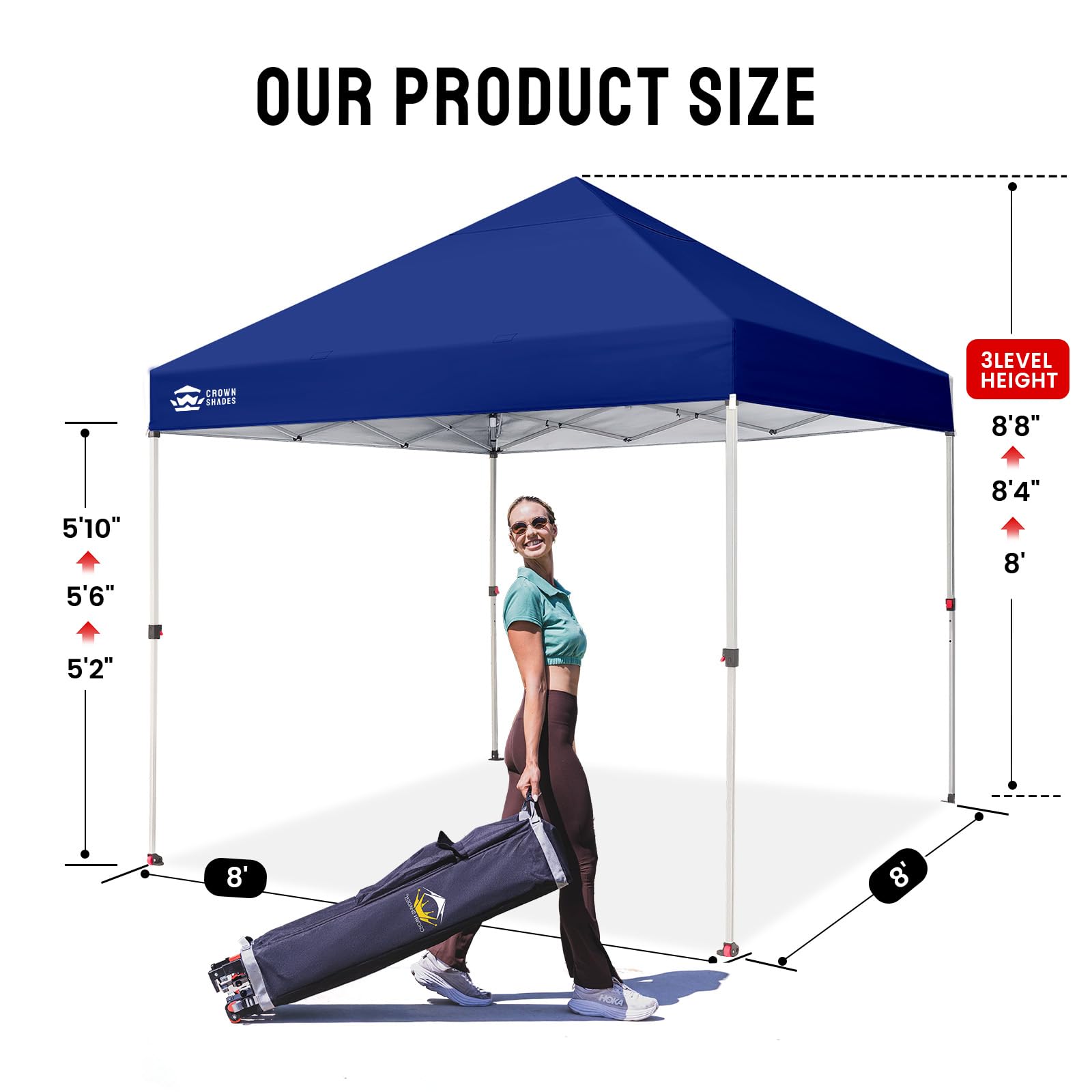 CROWN SHADES 8x8 Pop Up Canopy, Patented Center Lock One Push Instant Popup Outdoor Canopy Tent, Newly Designed Storage Bag, 8 Stakes, 4 Ropes, Silver-Coated Navy Blue