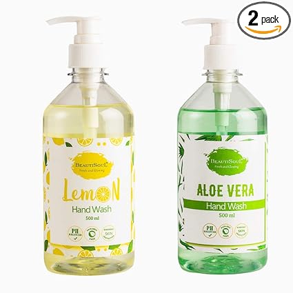 Beautisoul Lemon Handwash and Beautisoul Aloe vera Hand wash pump bottle | pH balanced handwash combo pack offer (Pack of 2) (500 ml x 2)