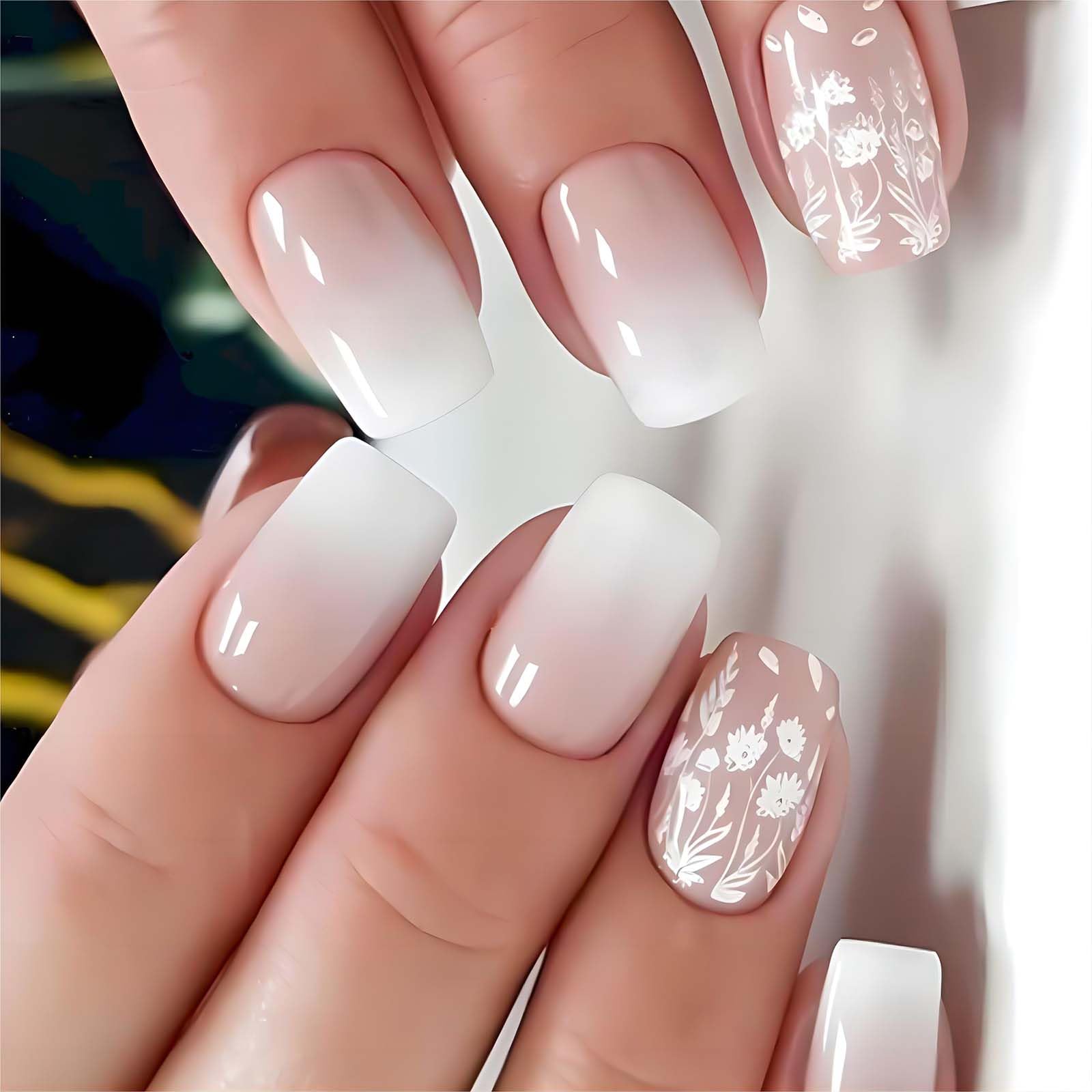Spring Nail Press ons White Press on Nails Medium Square Fake Nails with Glue Nude Ombre Acrylic False Nails with Flower Designs Glossy Artificial Fake Fingernails Stick on Nails for Women