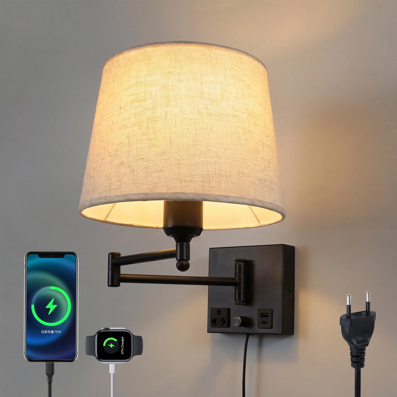 Obrotowa lampa ścienna z abażurem, porty ładowania USB-A i USB-C, zintegrowane gniazdko, ściemniacz obrotowy, lampka do czytania wtykowego, regulowana do łóżka, sypialni, hotelu