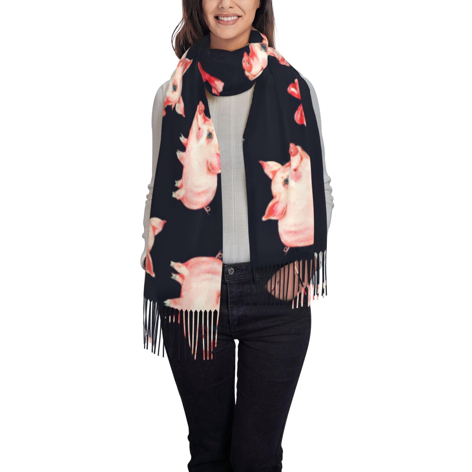 Flghjnbjn Women's Black Red Cute Piggy Print Winter Scarf For Shawl Cashmere Feel Tassel Plaid Large Oversized Scarves Wraps