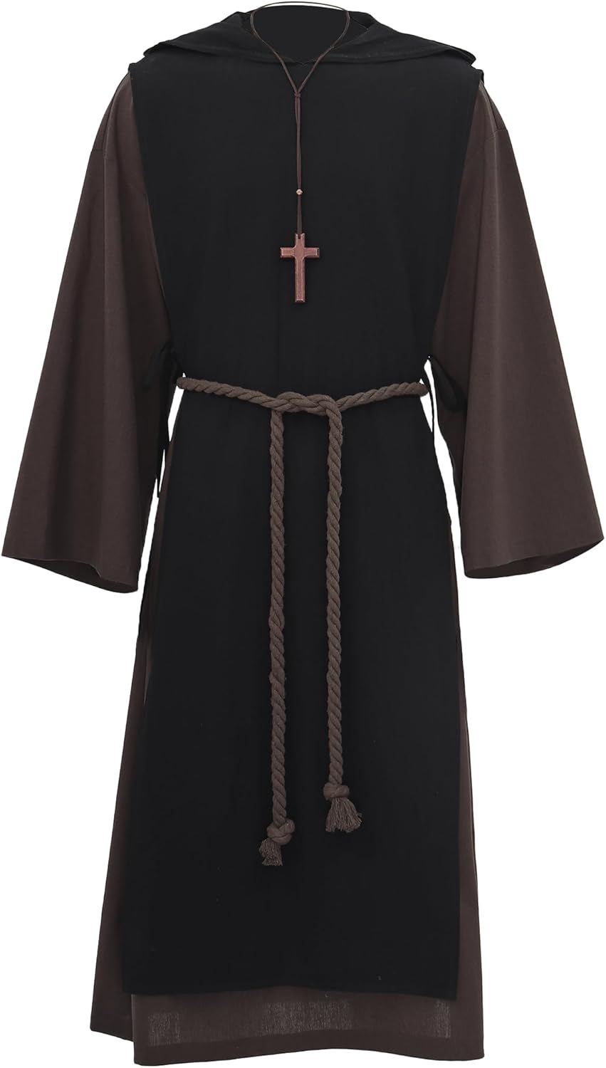 Medieval Monk Robe Renaissance Friar Priest Hooded Cloak with Belt Necklace Halloween Cosplay Costume