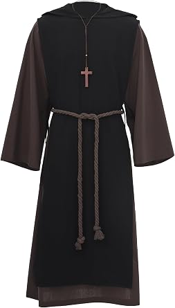 Medieval Monk Robe Renaissance Friar Priest Hooded Cloak with Belt Necklace Halloween Cosplay Costume