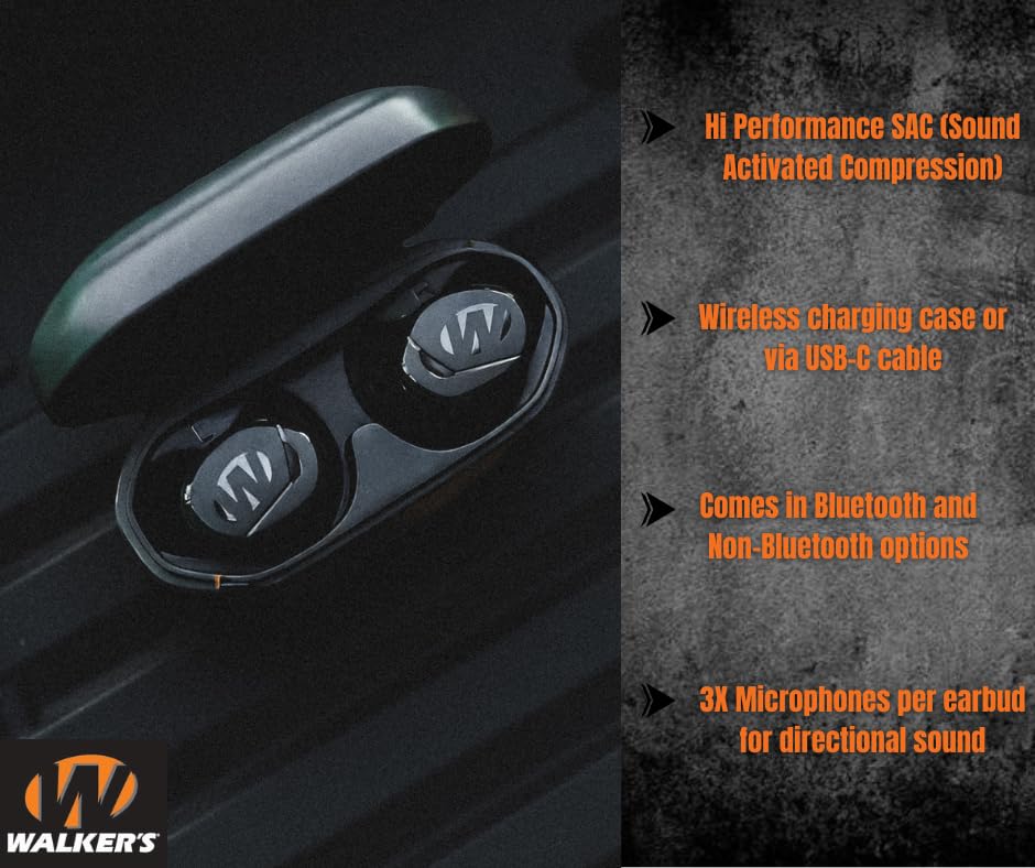 Image of Walker's Suppressor Bluetooth Earbuds - 25dB NRR Hearing Protection with HD Sound, 36-Hour Battery, Waterproof Design | 25 Db Nrr, Bluetooth 5.3 Le, Sound Activated Compression, Up to 36 Hr with USB-C Charging Case, IP54