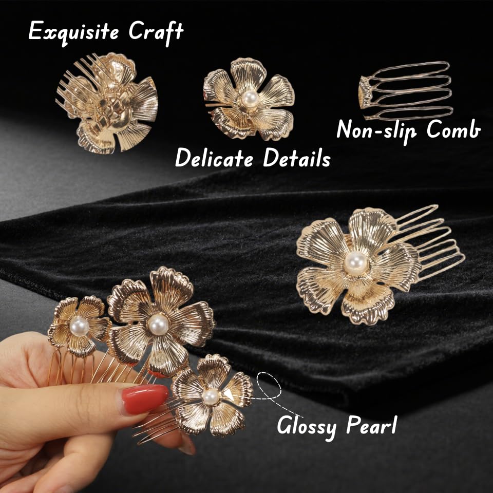 Set de 3 Peines Dorados con Flor y Perla Brillante miniatura 3