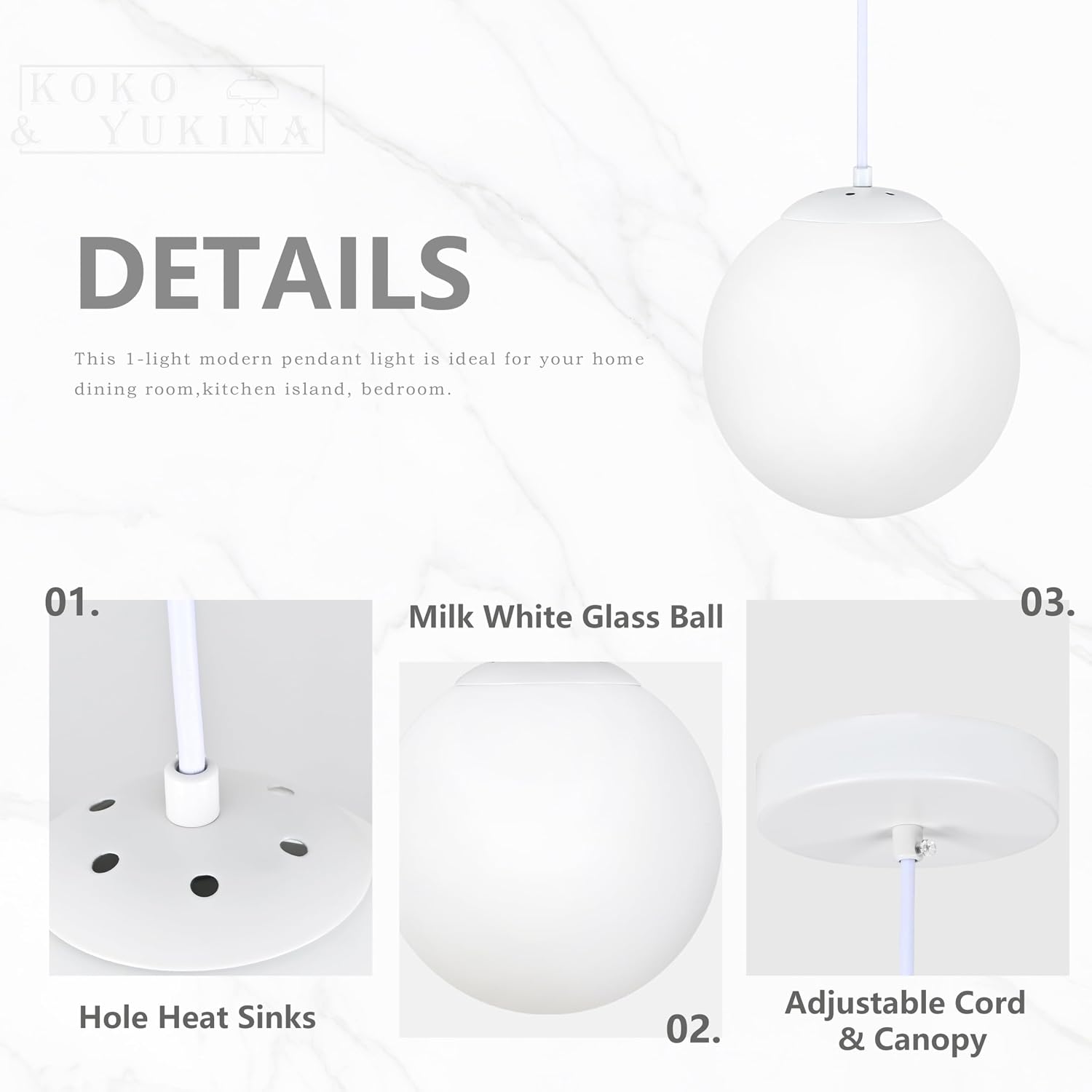 KoKo&Yukina 10 Inch Pendant Light White Globe Pendant Lights Kitchen Island Mid Century Light Fixture Adjustable Globe Pendants Lights with Milky White Glass Shade for Dining Room Living Room