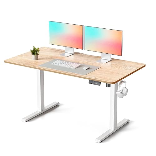 FEZIBO Standing Desk, 55 × 28 Inches Electric Height Adjustable, Sit Stand Up, Computer Office Desk with Splice Board, Black Frame/Rustic Brown TOP - 55 x 28 - Maple