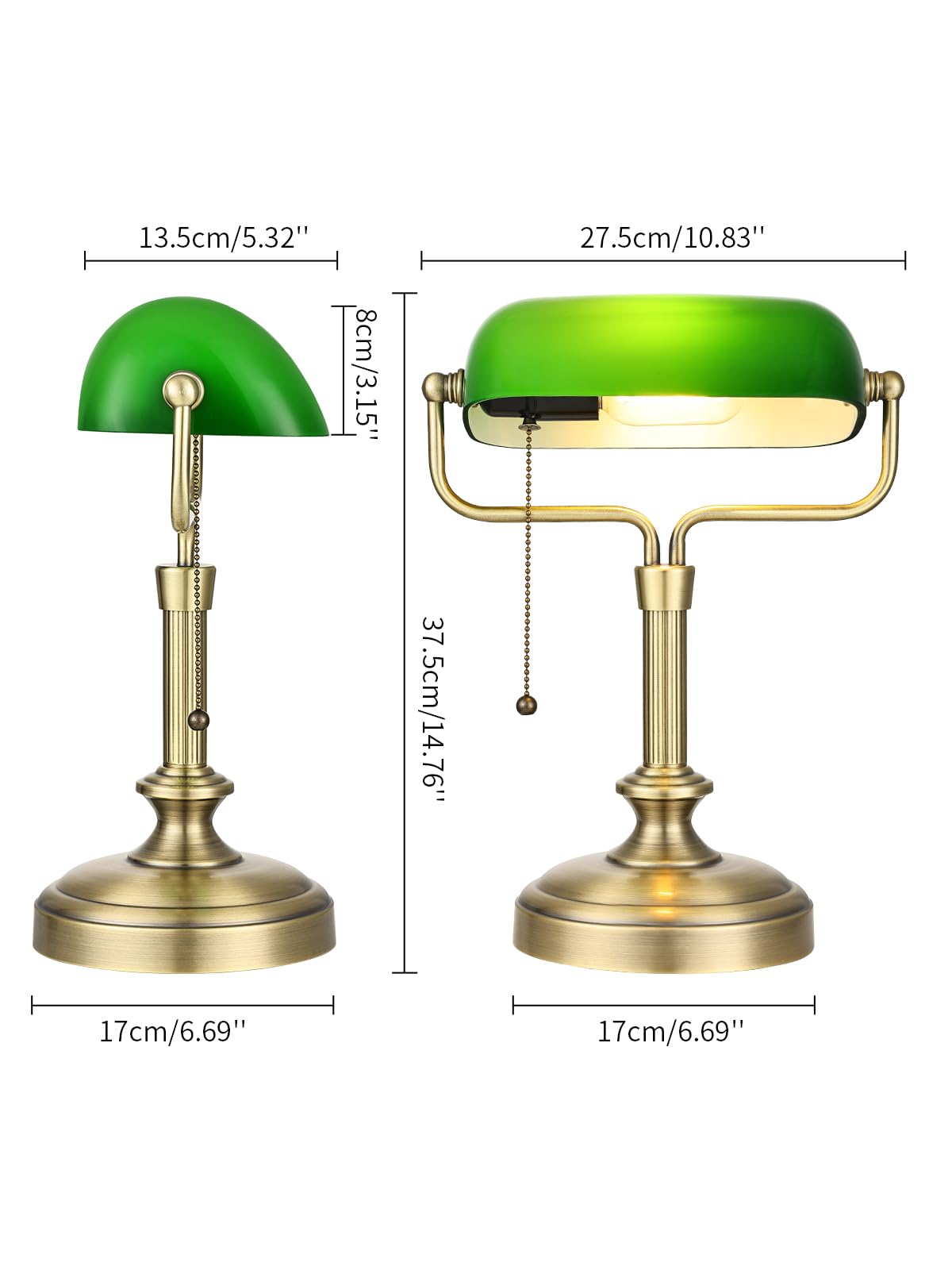 Green Bankers Lampe de bureau, abat-jour en verre réglable, lampe vintage avec interrupteur à chaîne pour bureau à domicile, lampe piano, ampoule LED 6 W incluse (bronze antique + vert)