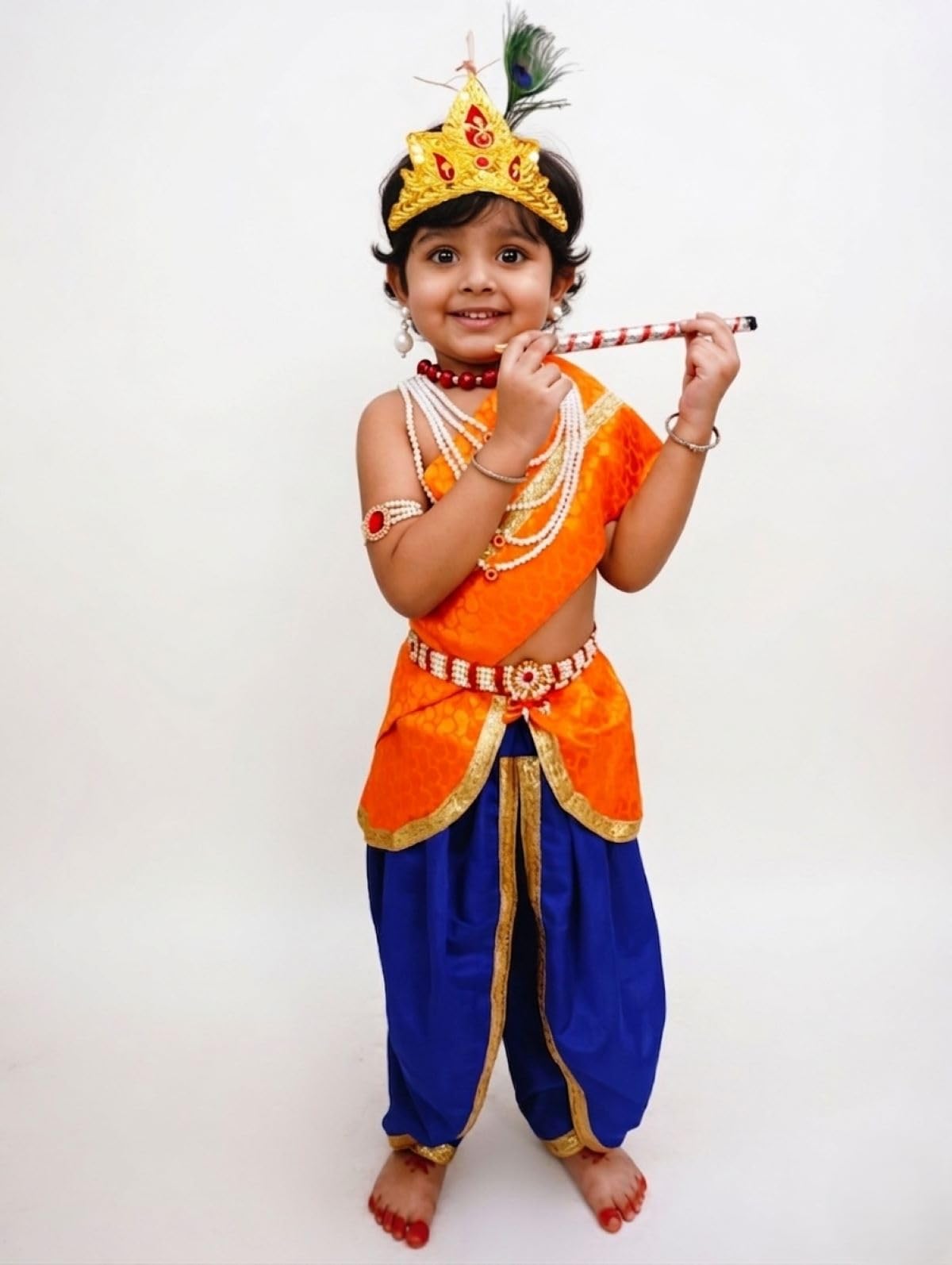 BookMyCostume Brocade Krishna Costume with Heavy Jewellery and Mukut Set - Janmashtami Premium Dress for Baby Kanha Boys & Girls - Blue & Orange 5-6 Years