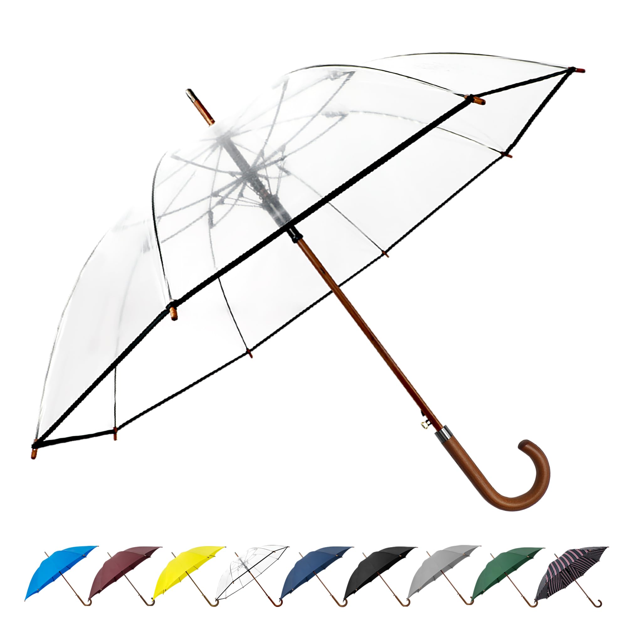 SoulRain Windproof Classic Umbrella With Wood Hook Handle, Auto Open Unbreakable Rain Umbrella - Clear