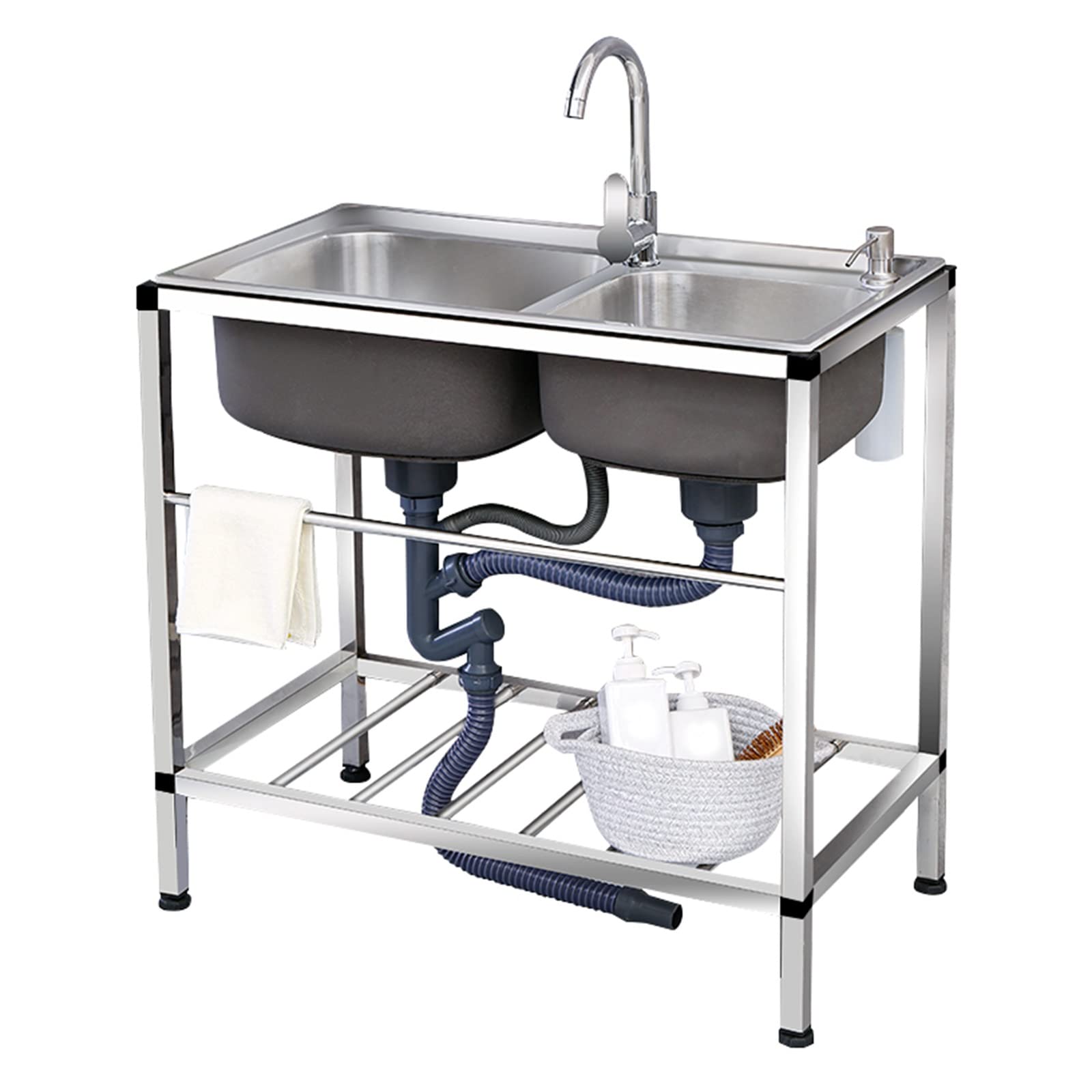 SDdPulse Lavello autoportante commerciale, doppia ciotola in acciaio inossidabile commerciale, lavello in acciaio inossidabile, lavello da cucina con rubinetti per acqua fredda e calda, lavello da