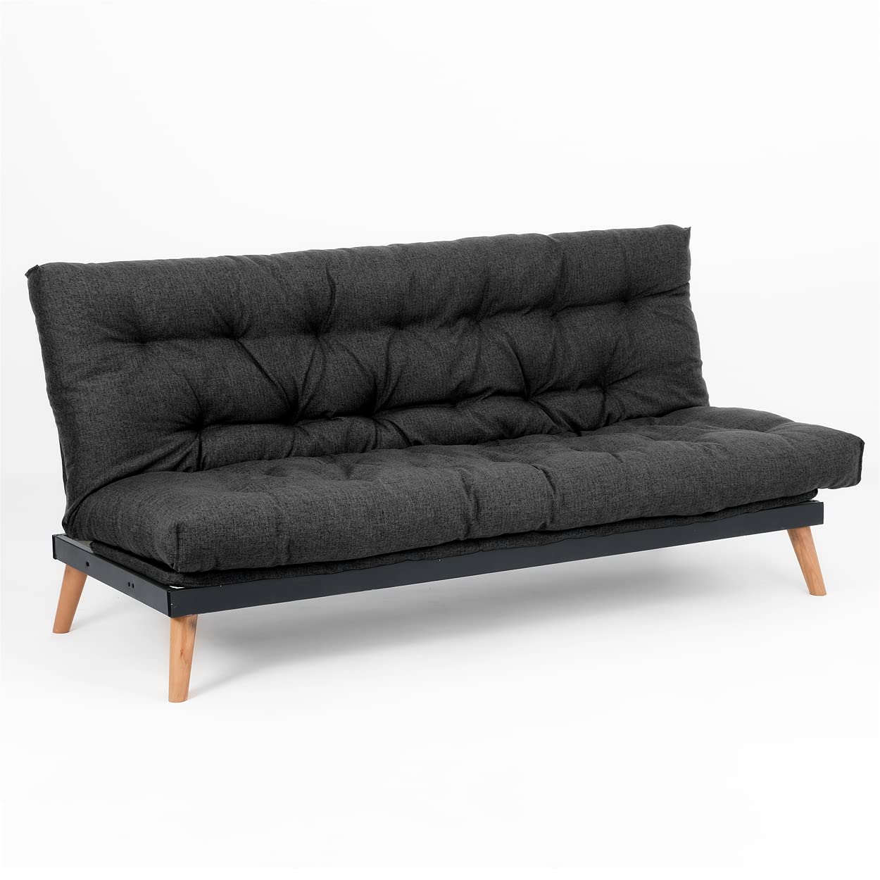 EVERGREENWEB Divano Letto 3 Posti con Materasso Futon Imbottito, Schienale e Testiera Reclinabile Clic Clac e Trasformabile in Comodo Letto una Piazza e Mezza, Tessuto Grigio Scuro Gambe in Legno SAKE