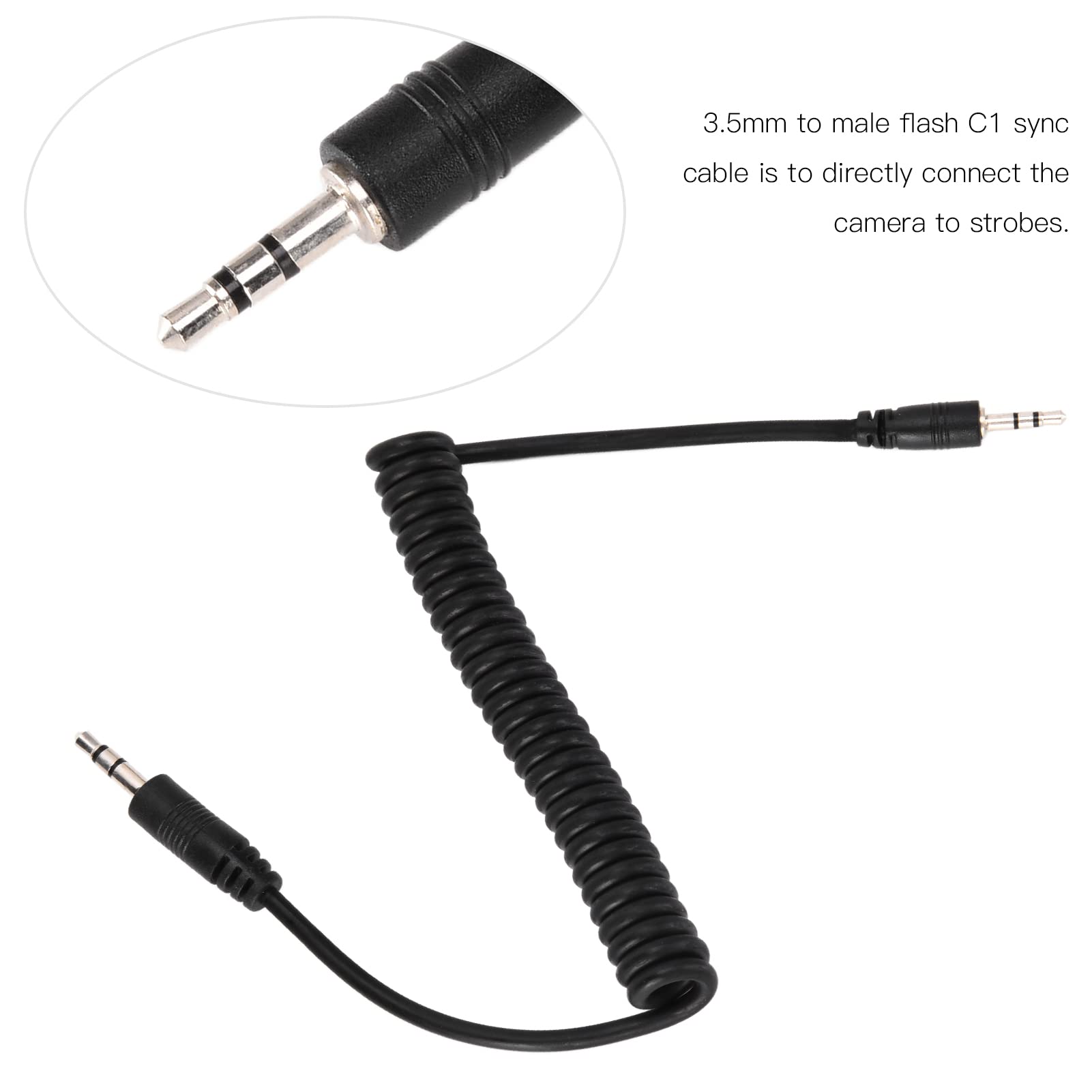 C1 3.5mm to Male Flash Sync Cable, Flexible Coiling Flash Sync Cable for 70D Camera