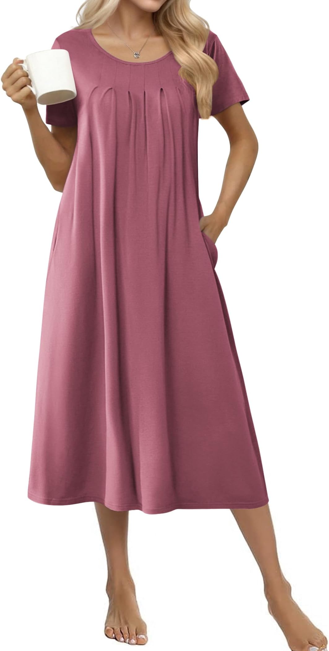 Cotton Nightgowns for Women Long House Dresses with Pockets Plus Size Night Gowns Short Sleeve Night Shirts S-3XL