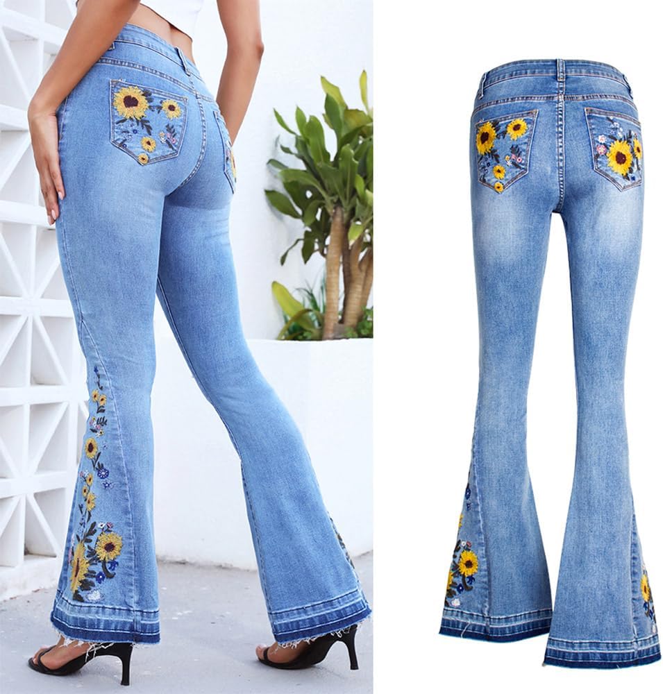 Women's Wide-Leg Denim Pants with a Stylish Floral Embroidered Bell Bottom Flare Jeans - Image 7