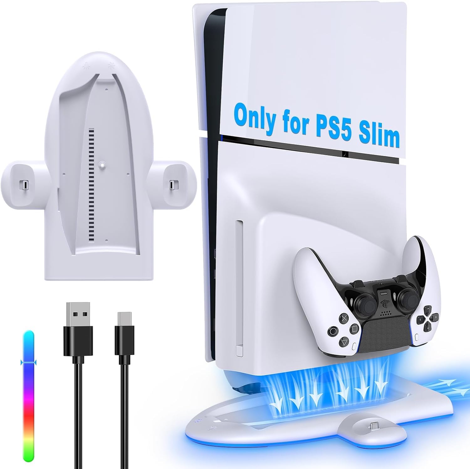 New World For PS5 Slim Cooling Stand,Charging Stand with Cooling Fan Only for PS5 Slim Console, Controller Charger Station with 9 RGB Light for Dual-Sense/Edge , Accessories for PS5 Slim Digital/Disc