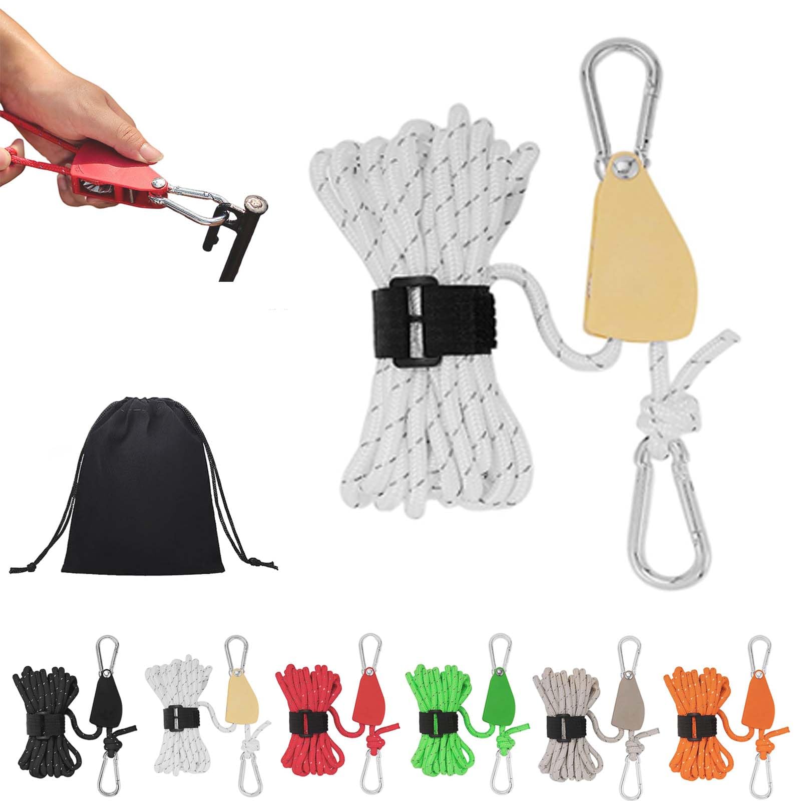 Gienslru White Portable Adjustable Fix Camping Rope, Camping Rope With Ratchet Pulley, Portable Adjustable Fix Tent High Strength Fast Release Pulley Camping Rope For Tent Tarp, Canopy Shelter (16.4Ft/5M, )