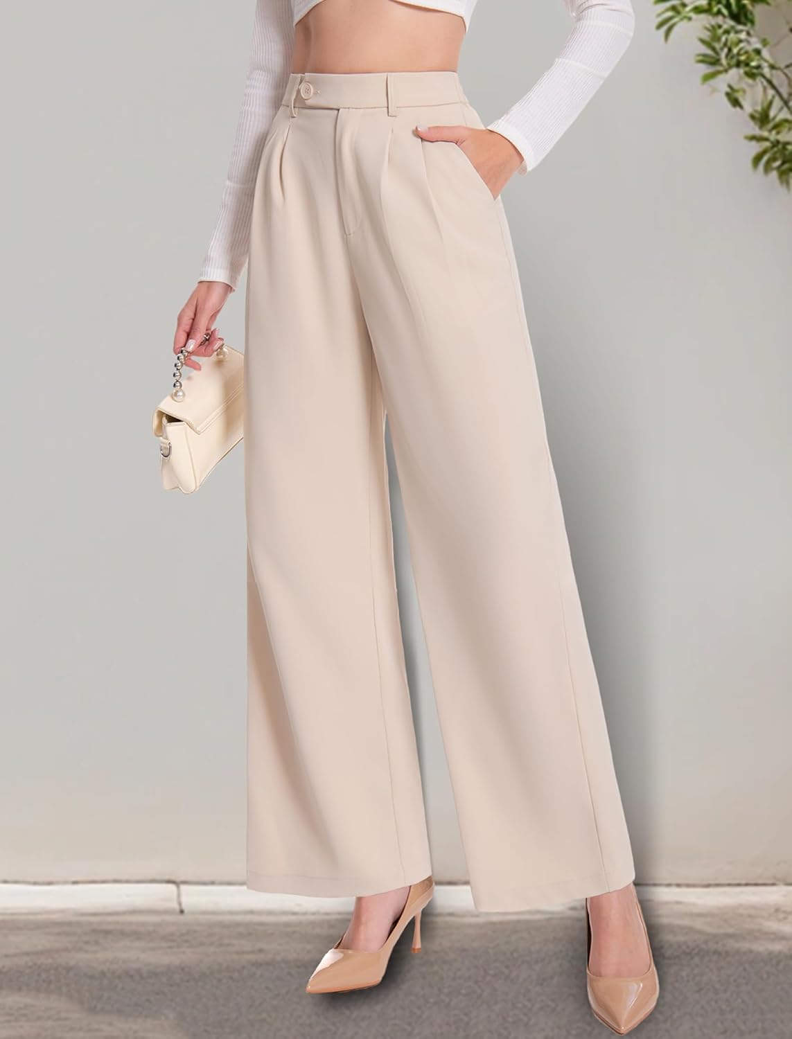 Women Wide Leg Dress Pants High Waisted Stretchy Work Pleated Office Trousers Business Casual Slacks Palazzo Pant - Image 4