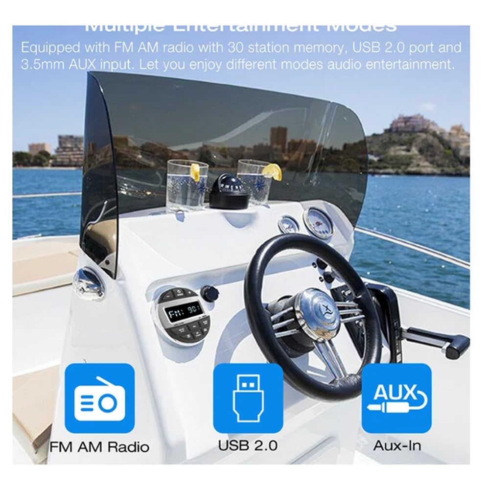 1 unidad Bluetooth estéreo marino radio para barco, impermeable, FM AM, reproductor de audio digital, plástico negro + metal, para medidor de yate, ATV, UTV, carrito, motocicleta, 1 unidad