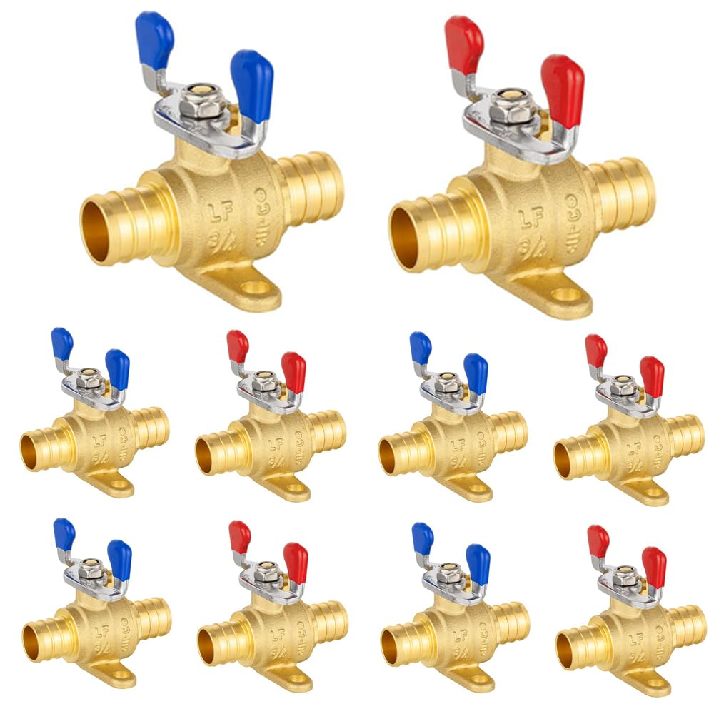 EFIELD - Confezione da 10 valvole a sfera a crimpare da 3/4" Pex con orecchio a goccia per caldo e freddo, con manico a farfalla, ottone LF, NSF/ANSI 61 (10)