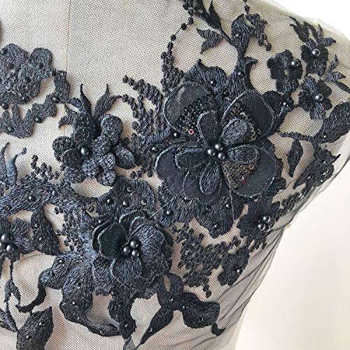 Blossom 3D Flower Applique, Beaded Sequins Flower Lace Patch Bridal Wedding Dress Embossed Beading Embroidery Lace Appliques Motif Sewing Craft (Black) #TOP4