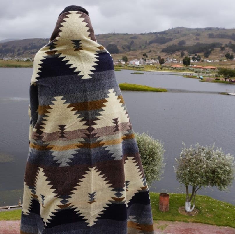 Image of Alpaca Wool Blanket, Queen Size 94 x 78, Reversible 2 in 1, Thick and Ultra Soft, Hypoallergenic, Non-Itchy, Handmade in Ecuador. Premium Alpaca Wool Thtow Blanket for Cozy Comfort. (Blue and Brown)