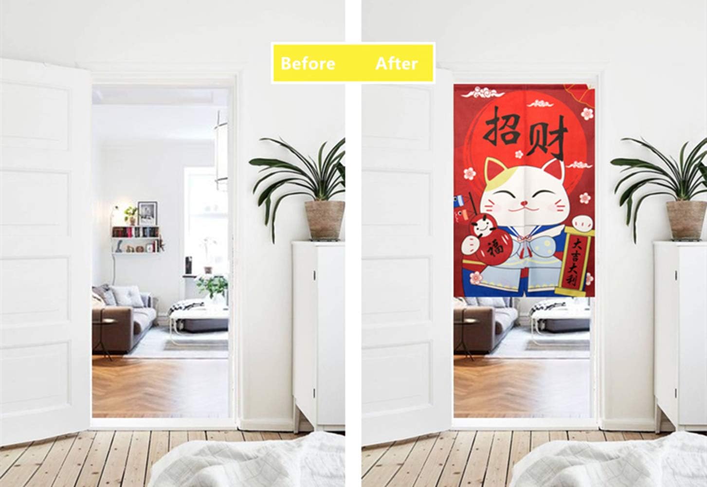 Door Curtain Japanese Noren Curtain Cotton Linen Handcrafted Blackout Doorway Curtain Panel Chinese Characters Lucky and Fortune Cat 29" x 59" - Image 5