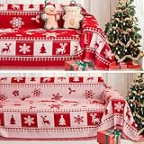 EVENHUG Christmas Theme Sofa Covers with Tassels Reversible Couch Cover for Pets Dogs Christmas Home Decoration Sofa Slipcover for 2-3 Cushion Couch Washable Chenille Couch Protector (71' X118')