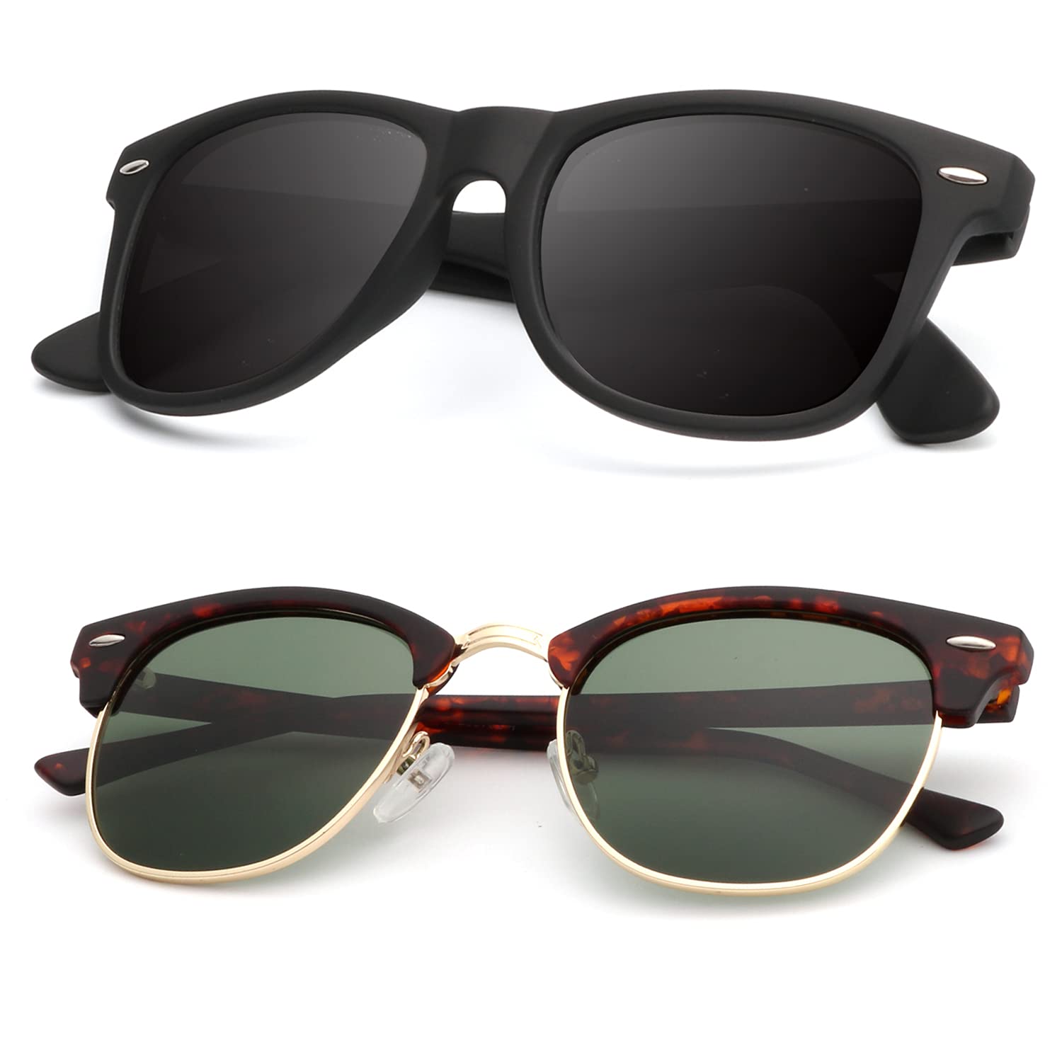 KALIYADI Polarized Sunglasses for Men and Women Semi-Rimless Frame Driving Sun glasses UV Blocking B11-(2 Pack) Matte Tortoise | G15 | Golden Rim / Matte Black Multicoloured