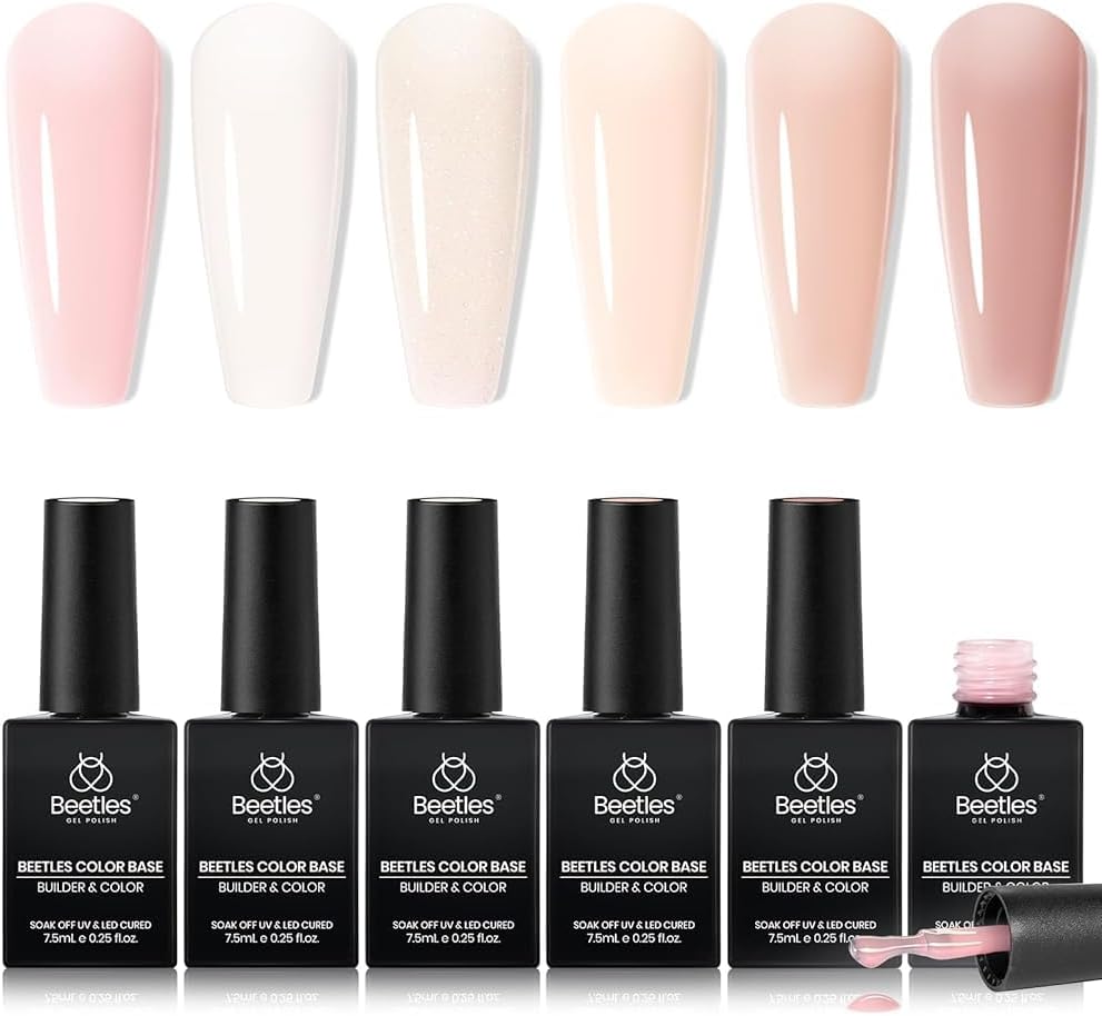 beetles Gel Polish Beetles Rubber Base Gel For Nails 6 Pcs, Builder Nail Aesthetic Nude Colors Pink Gel Polish U V LED Lamp Cure Strengthener Gel All-in-1 Gift