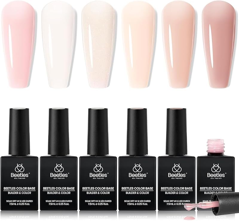 Beetles Esmalte de uñas en gel con base de goma de 6 colores Estético Rosa nude 6 piezas 7,5 ml | Constructor de uñas estético, colores desnudos, esmalte de Gel rosa, lámpara LED UV, Gel fortalecedor de curación, regalo todo en 1