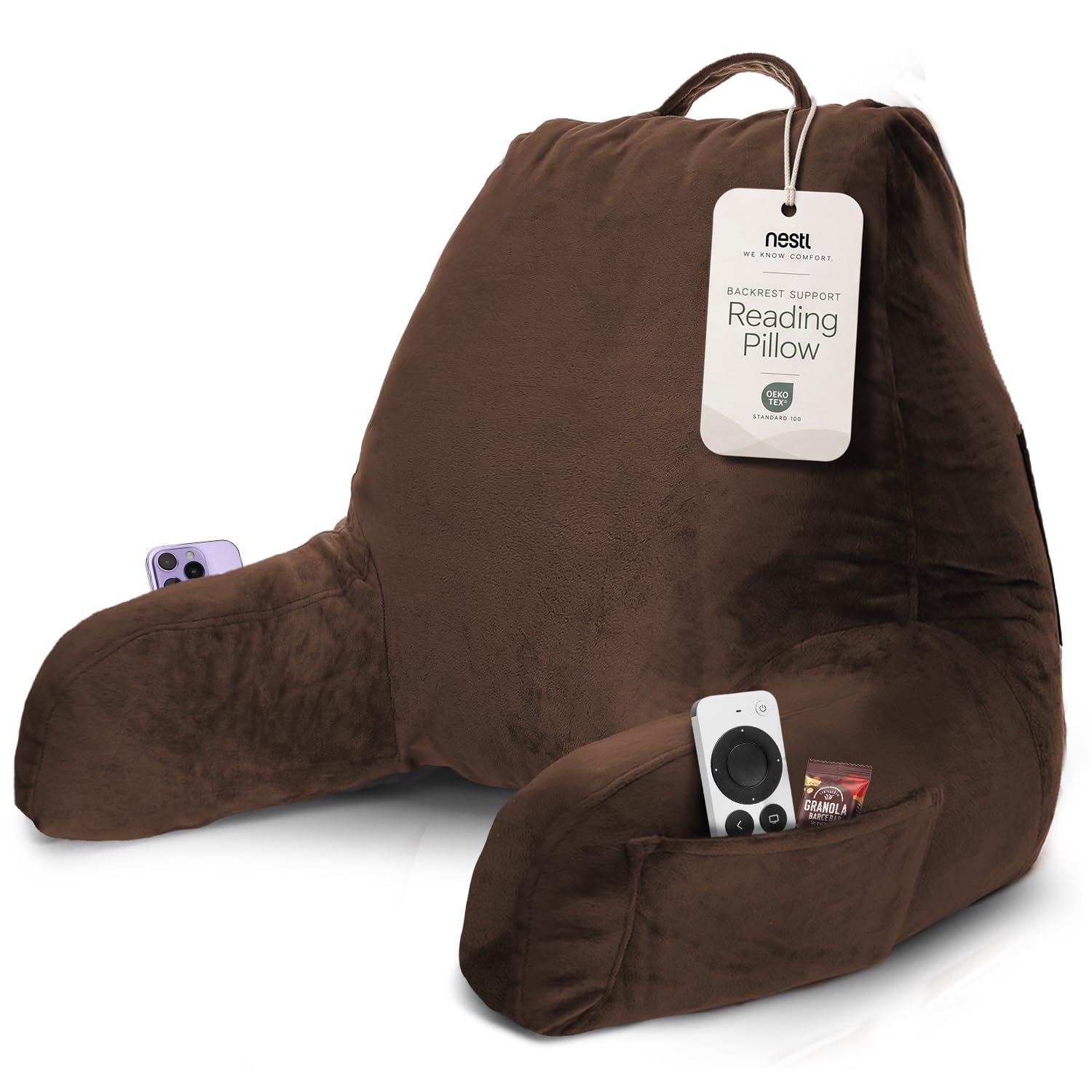 Nestl Reading Pillow for Bed, Back Pillow for Sitting Up in Bed, Brown