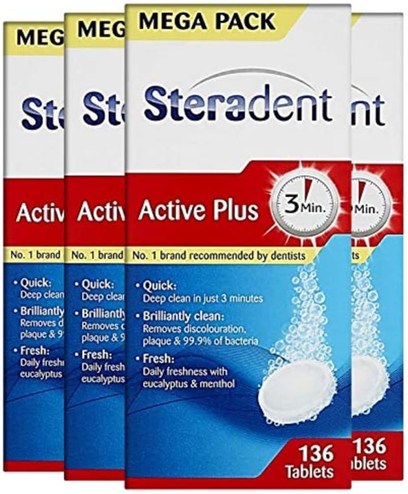 Steradent Active Plus Denture Cleaner, 544 Tablets, Plaque Remover For White Teeth, Mint Fresh, Kills 99.9% Bacteria, Care Cleansers, 136 Count, Pack Of 4