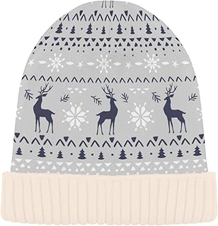 Naanle Christmas Deer Snowflake Womens Beanie Hat Skullies Stretch Slouchy Warm Knit Winter Hats Skully White Beanie Women Ski Beanies Cap