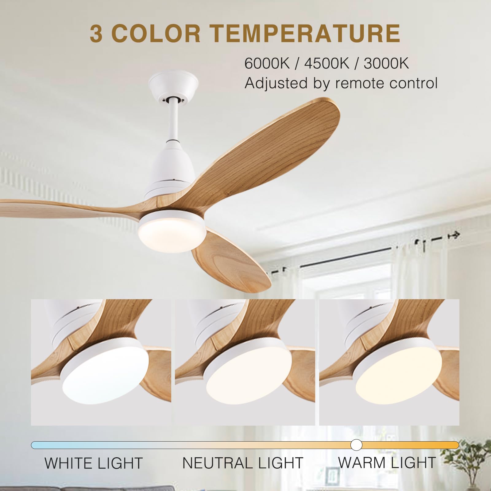 130CM Houten Plafondventilator met Verlichting en Afstandsbediening Stille Plafond Ventilator met Licht 6 Snelheden 3 Kleuren Omkeerbare Lamp Ventilator Plafond voor Woonkamer Slaapkamer-G|130CM