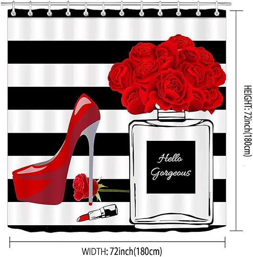Miniatura 9 de Cortina de ducha de tacones altos morados, Hello Gorgeous Perfume a rayas blancas y negras, lápiz labial de mariposa rosa, maquillaje moderno de
