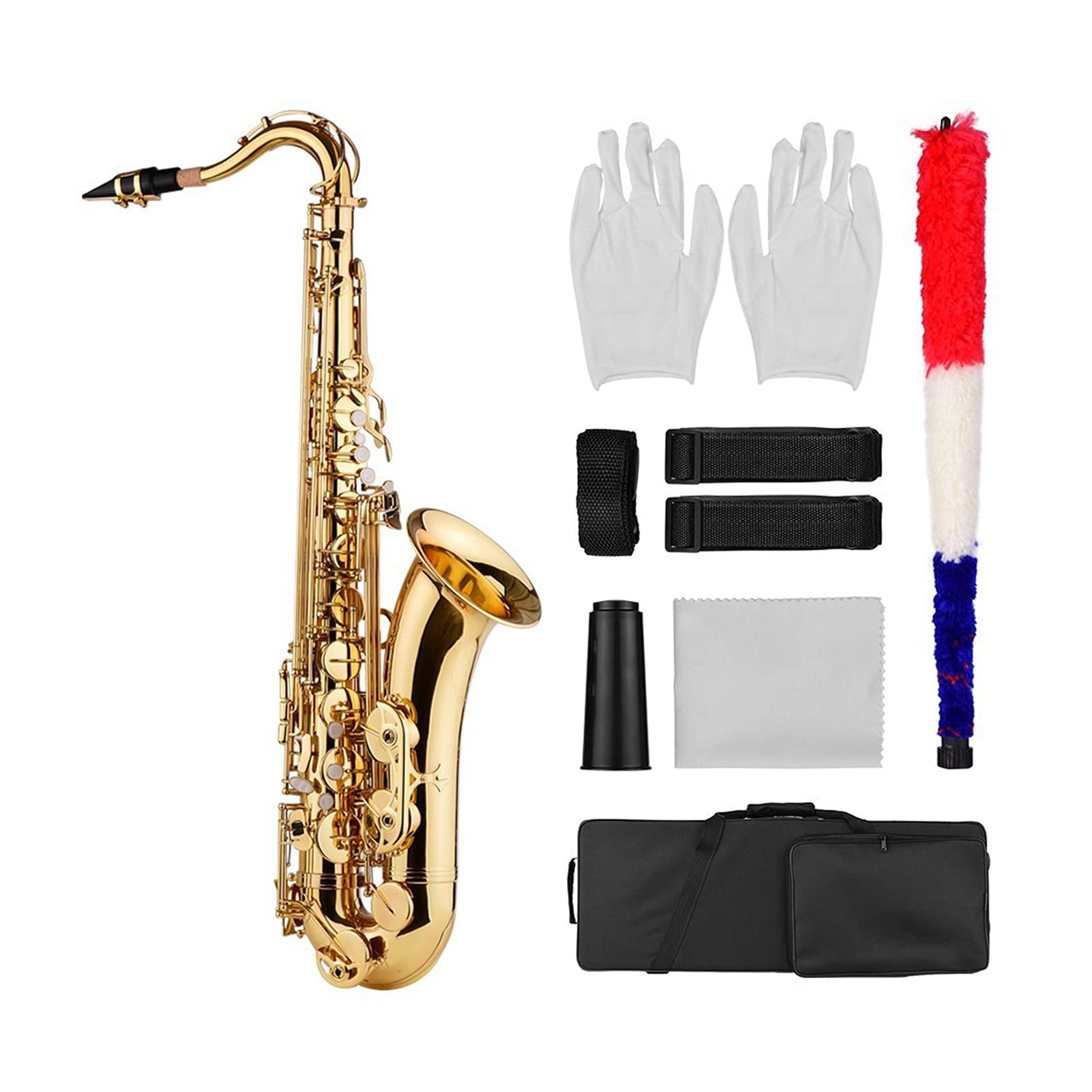 Sassofono Tenore in SIB Sax Corpo in Ottone Oro Strumento A Fiato con Custodia per Il Trasporto Guanti Panno di Pulizia Spazzola Cinturini per Sax Sassofono Studenti