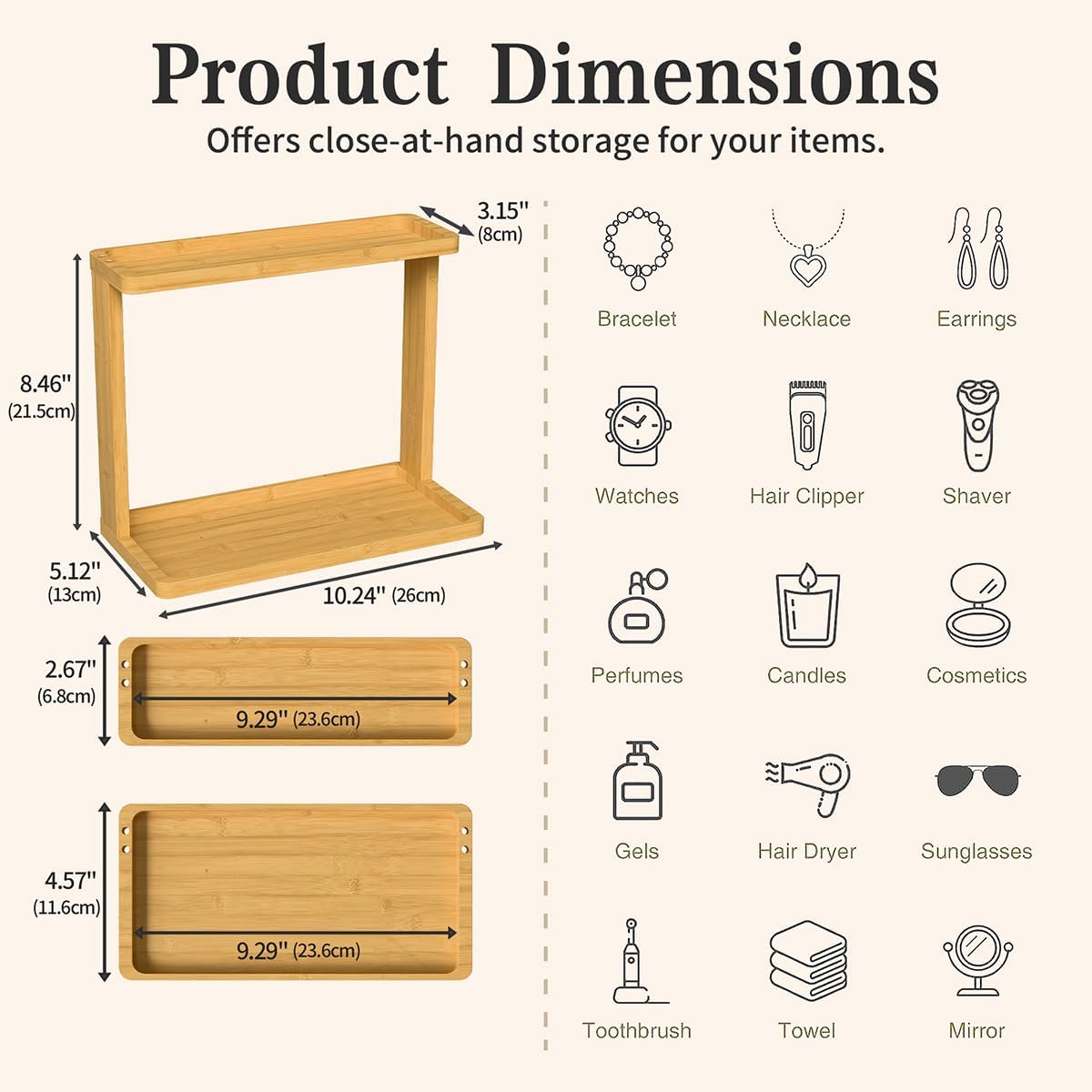 Bamboo Bathroom Organizer Countertop – Small Vanity Storage Shelf for Makeup, Perfume, Skincare – Natural Cosmetics Display Rack for Dresser, Sink, Kitchen – 10.24"x8.46"x5.12" 10.2" x 5.1" x 8.5" image 2 of 8 B0F3VCGN91