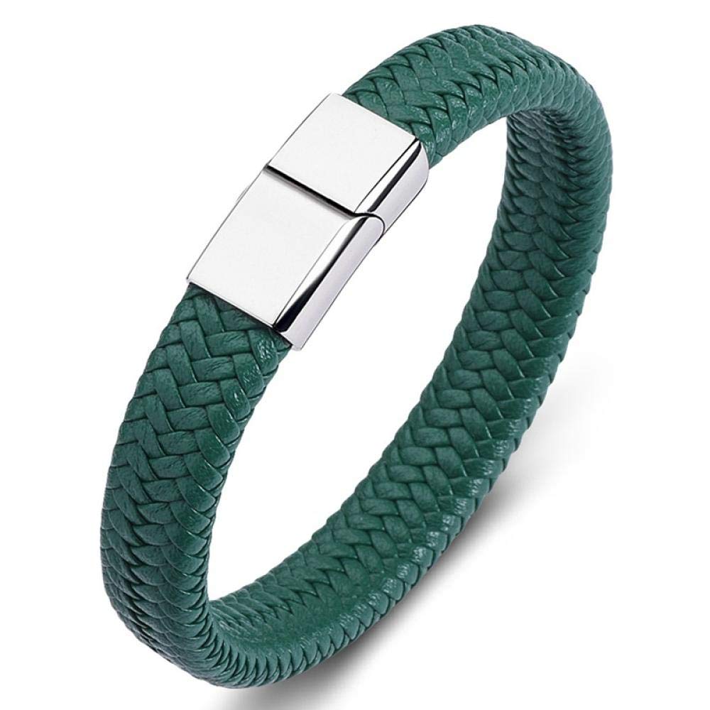 Bracelet Punk Men Jewelry Green Braided Leather Bracelet Stainless